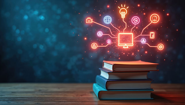 glowing icons over a stack of books