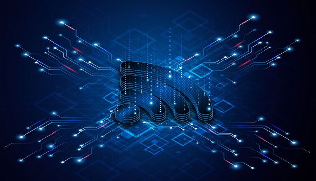Wi-Fi icon on dark blue circuit background