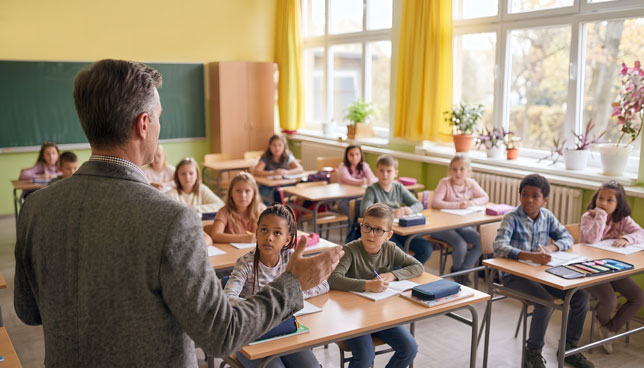 Male teacher standing in front of the class explaining a lesson to a diverse group of elementary school students listening at their desks