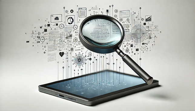 magnifying glass hovers high above a tablet, showing a zoomed-in view of binary code and digital circuits