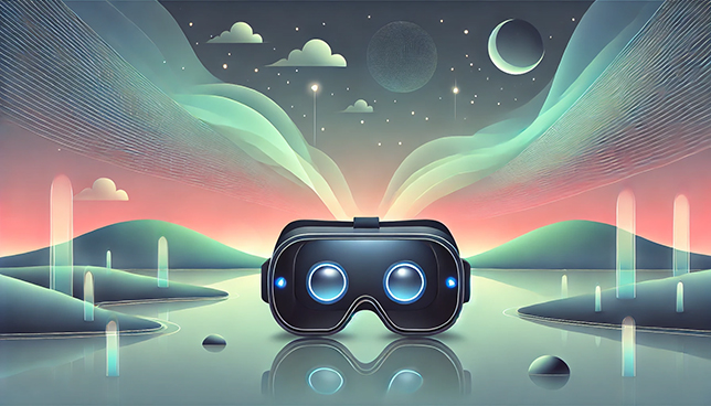 futuristic VR goggles with blue LED accents, placed in front of a fantastical landscape featuring glowing hills, a shimmering river, and floating islands under a twilight sky