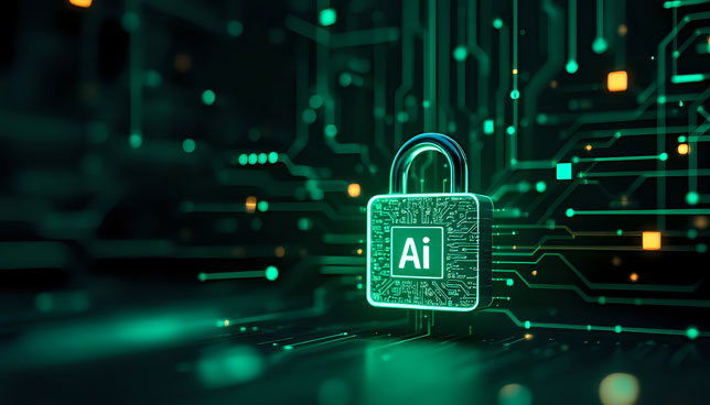 Digital Ai padlock locked for computing system on dark green background