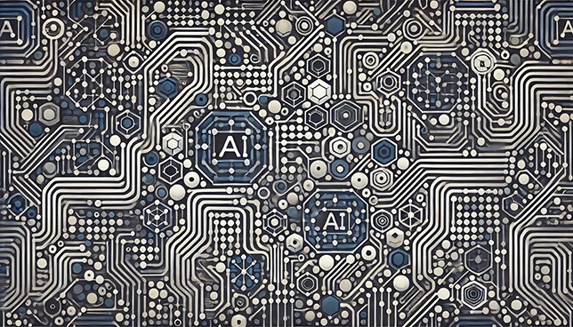 abstract pattern of interlocking circuits, hexagons, and neural network shapes