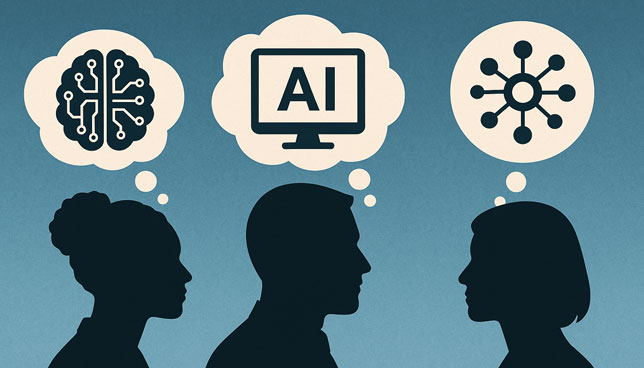 three silhouetted education technology leaders with thought bubbles containing AI-related icons
