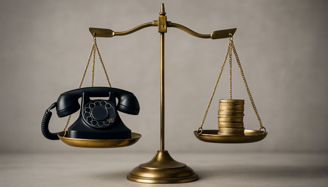 brass balance scale with a black rotary telephone on one side and a stack of gold coins on the other