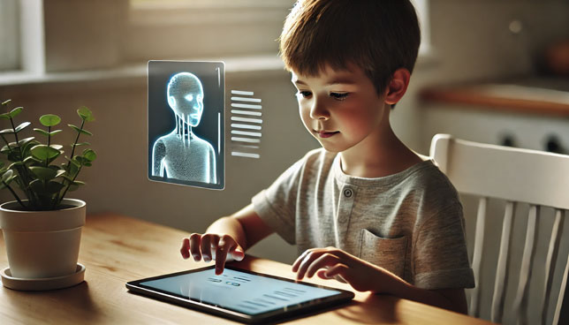 young child sitting at a table, using a tablet with an AI-generated interface