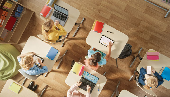 Top View Shot in Elementary School Computer Science Classroom