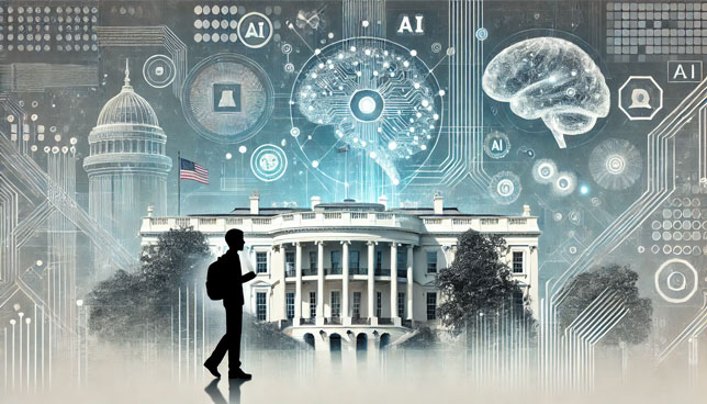 silhouetted student stands before the White House, surrounded by abstract digital graphics of brains, circuits, and AI elements