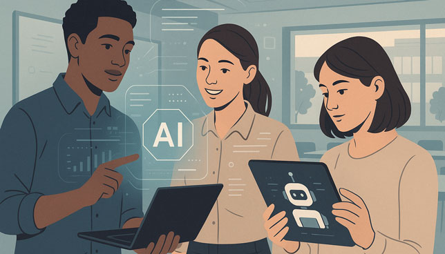 young educators collaborate with AI tools on laptops and tablets