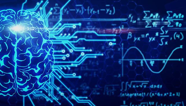 brain with circuit patterns and math symbols