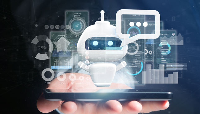 Businessman holding Chatbot with binary code, message and data 3d rendering