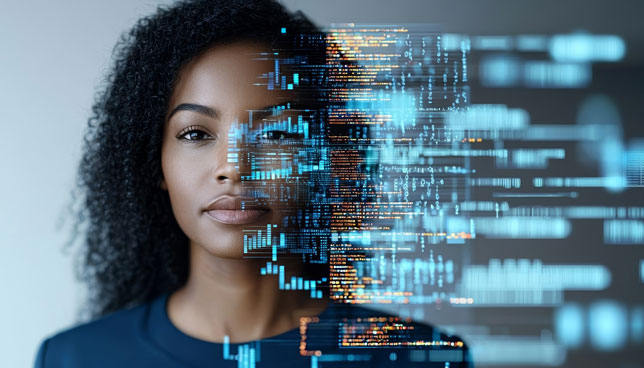 young professional with human features blended with data streams