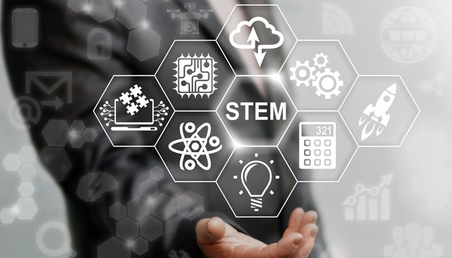 Man offers stem word sign on virtual screen