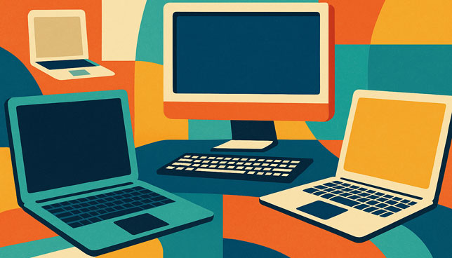 multiple laptops and a desktop computer on a colorful geometric background