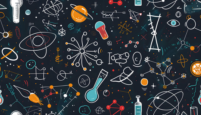 pattern featuring various scientific instruments and space icons, including beakers, atoms, and planets on a dark background
