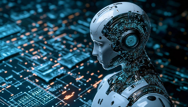 humanoid robot with circuit board background