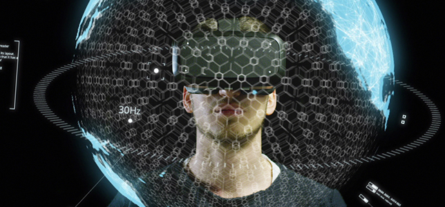 man wearing VR glasses in immersive environment