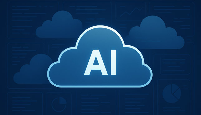 glowing cloud labeled "AI" is centered among other cloud icons