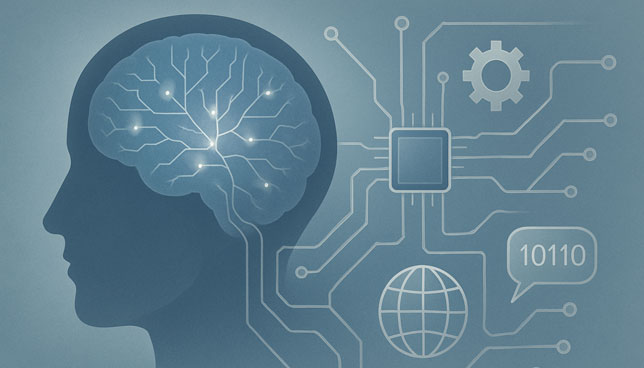 illustration of a human head with a glowing neural network in the brain, connected to tech icons on a cool blue-gray background