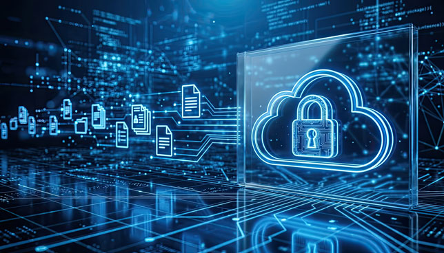 Digital cloud security with protected data flow on a futuristic network background