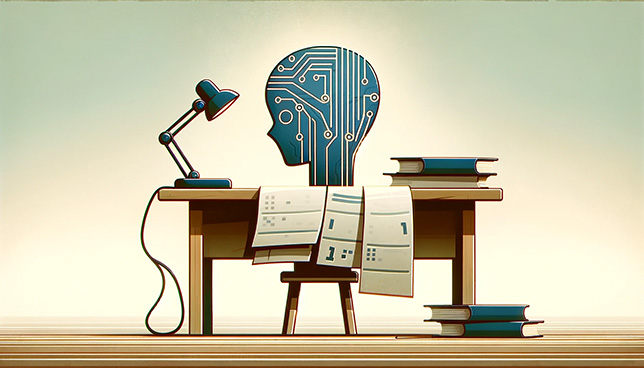 symbolic desk and creatively rendered papers with circuit patterns and binary codes