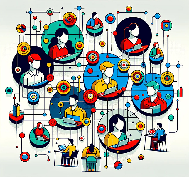 highly abstract illustration representing multiple students and online tutors