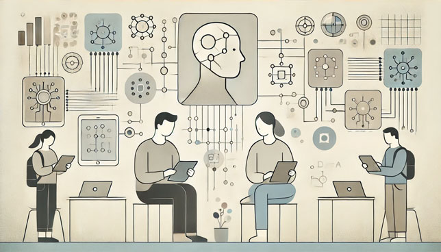 students using digital devices, surrounded by abstract AI motifs and soft geometric design