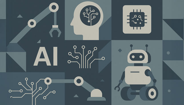 robotic elements such as a mechanical arm, AI brain, microchip, and wheeled robot in a muted blue color scheme