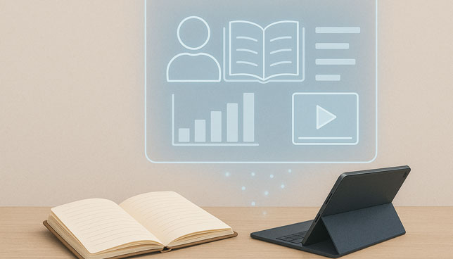 tablet and notebook on a desk with floating holographic icons 