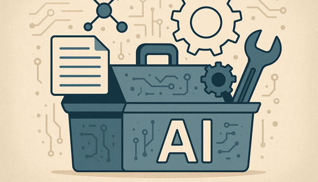 AI toolbox containing a wrench, document icon, gears, and a network symbol