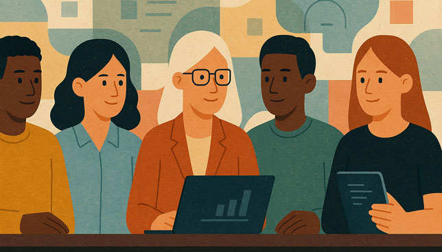 educators seated at a table with a laptop and tablet, against a backdrop of muted geometric shapes