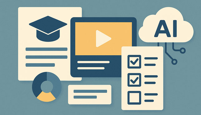 digital learning resources including a document, video tutorial, quiz checklist, pie chart, and AI cloud icon