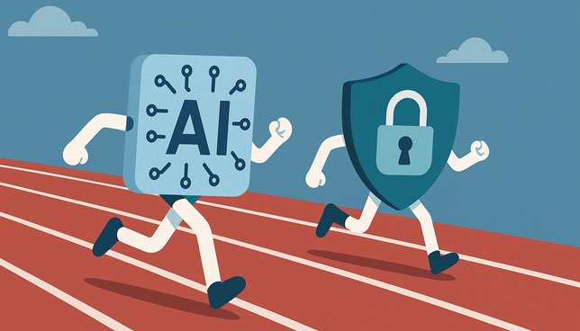AI symbol racing a padlock symbol on a red running track