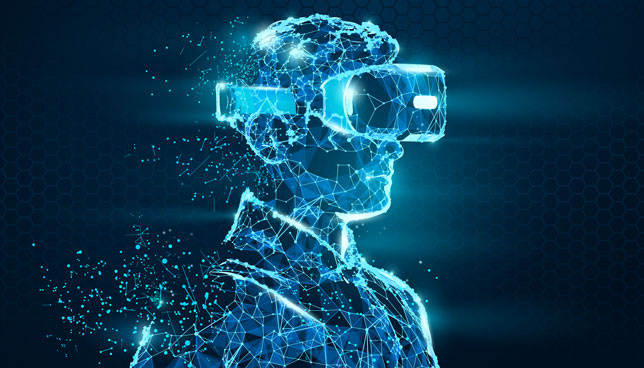 Polygonal man wearing virtual reality glasses