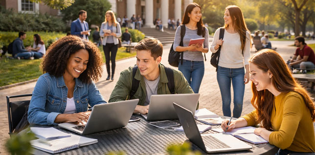 college students sitting with laptops at an outdoor table