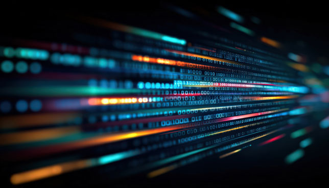 Abstract digital data stream with binary code and colorful light trails