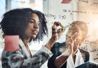 Problem solving, writing and women in business meeting