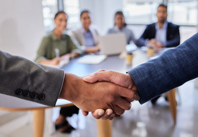 shaking hands with business people in office