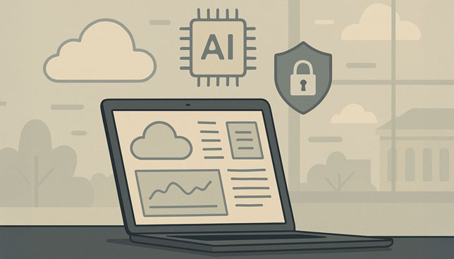 various technology icons including a cloud, AI chip, and padlock shield above a laptop displaying charts and cloud data