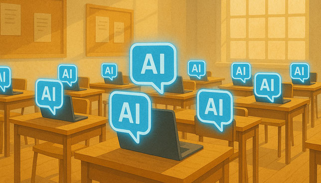 sunlit classroom with laptops on every desk, each displaying a glowing AI speech bubble icon above the screen