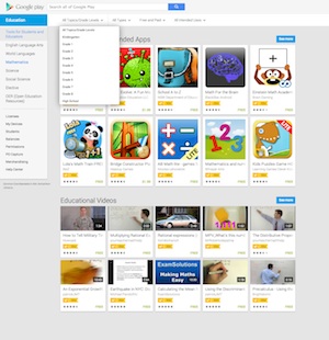 Google Play for Education provides grade-specific search and shows a badge for apps vetted by teachers.