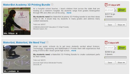 MakerBot's Academy program asks educators to create a request on DonorsChoose to raise funds for academy bundles.